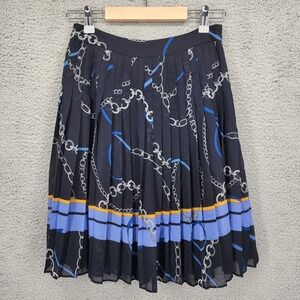 Ann Taylor Petite Chain Print Pleated Midi Skirt Black Blue Yellow Size 0P